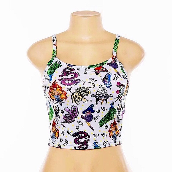 White trippy print spaghetti strap tank top🐲🔥🐅🦚🗡 - Picture 2 of 12